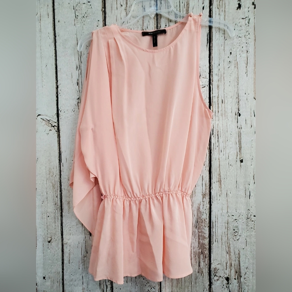 BCBGMaxAzria Women's Small Asymmetrical Peplum Pleated Blouse Top Pink Feminine‎